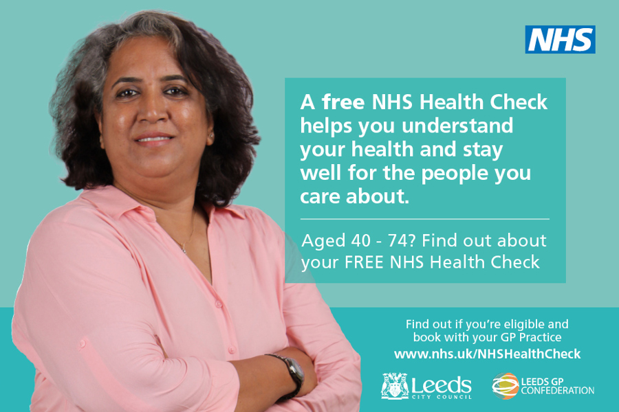 A woman in a pink top looking happy and healthy. Text reads: A free NHS Health Check helps you understand your health and stay well for the people you care about. 