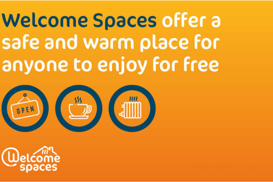 Welcome Spaces advertisement featuring icons of an open sign, a coffee cup, and a radiator, promoting free safe and warm spaces.