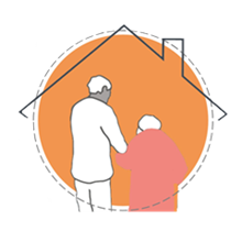 A person assisting an elderly person into a house silhouette