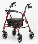 red metal wheeled walking frame with seat