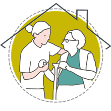 A carer assisting an elderly person holding a walking cane inside a house silhouette 